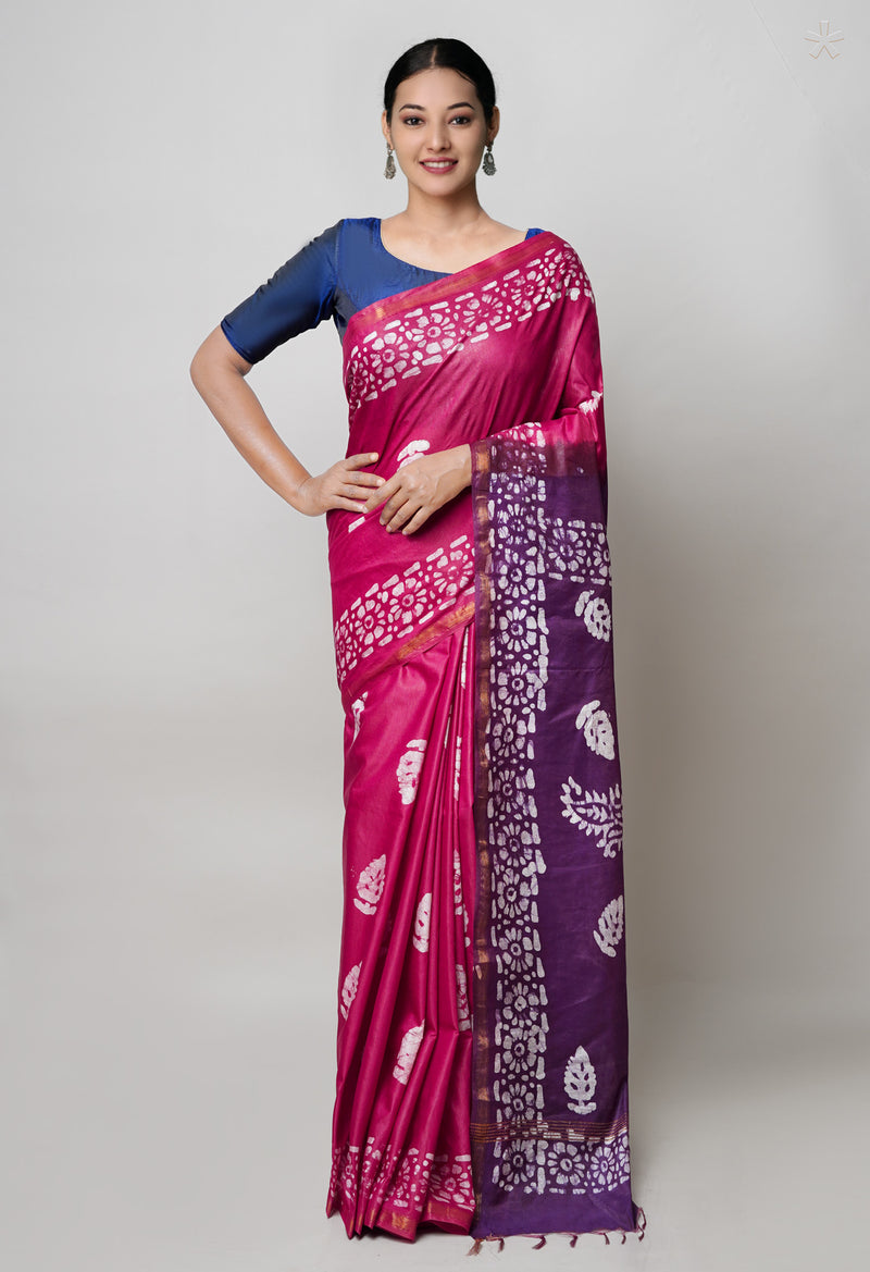 Maroon-Dark Purple Pure  Batik Printed Chanderi Sico Saree-UNM73577