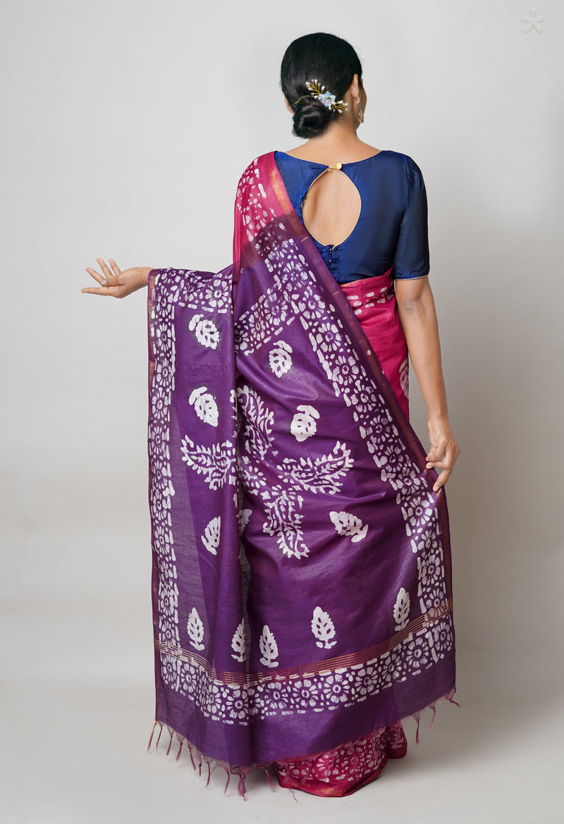 Maroon-Dark Purple Pure  Batik Printed Chanderi Sico Saree-UNM73577