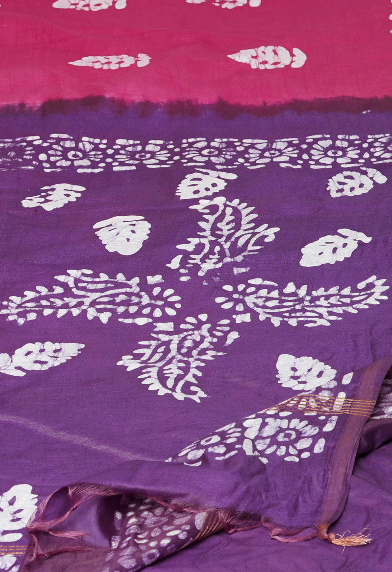 Maroon-Dark Purple Pure  Batik Printed Chanderi Sico Saree-UNM73577