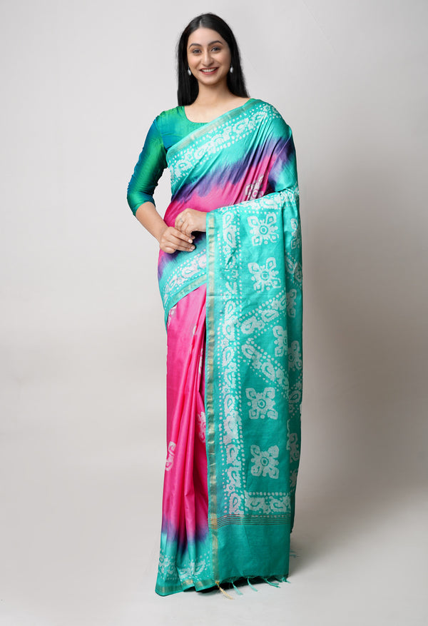 Pink-Green Pure  Batik Printed Chanderi Sico Saree-UNM73578