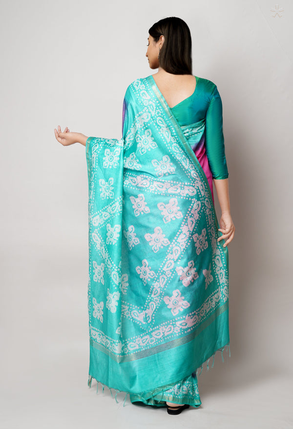 Pink-Green Pure  Batik Printed Chanderi Sico Saree-UNM73578