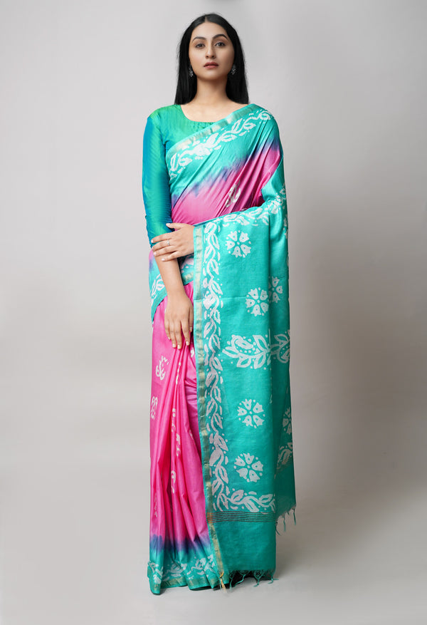 Pink-Green Pure  Batik Printed Chanderi Sico Saree-UNM73582