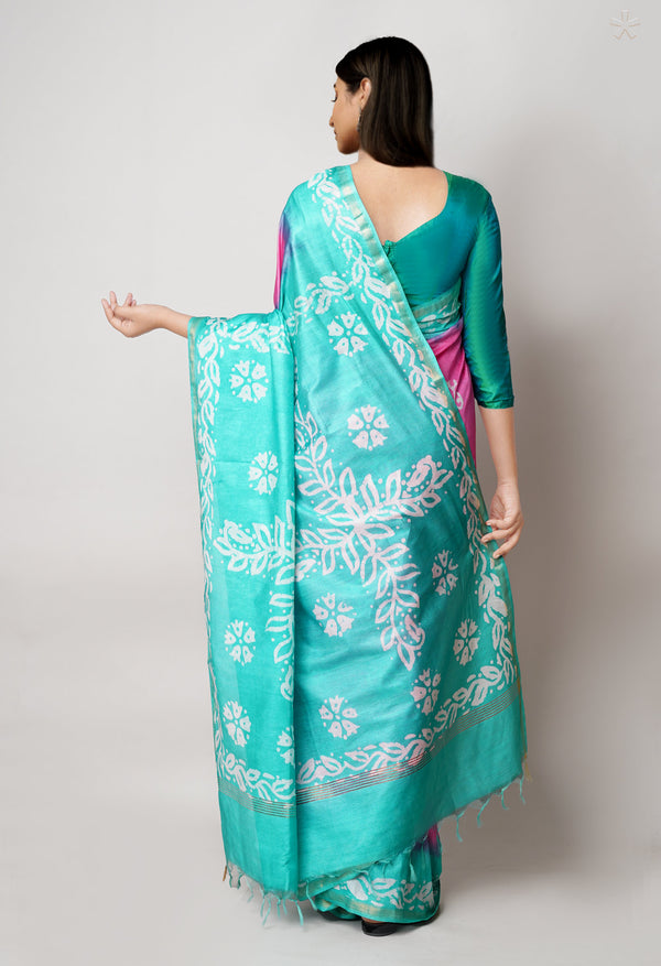 Pink-Green Pure  Batik Printed Chanderi Sico Saree-UNM73582