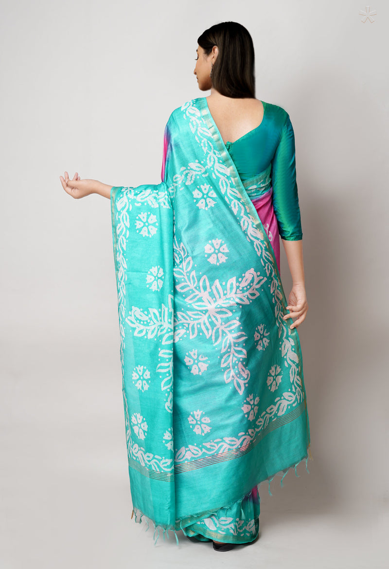 Pink-Green Pure  Batik Printed Chanderi Sico Saree-UNM73582