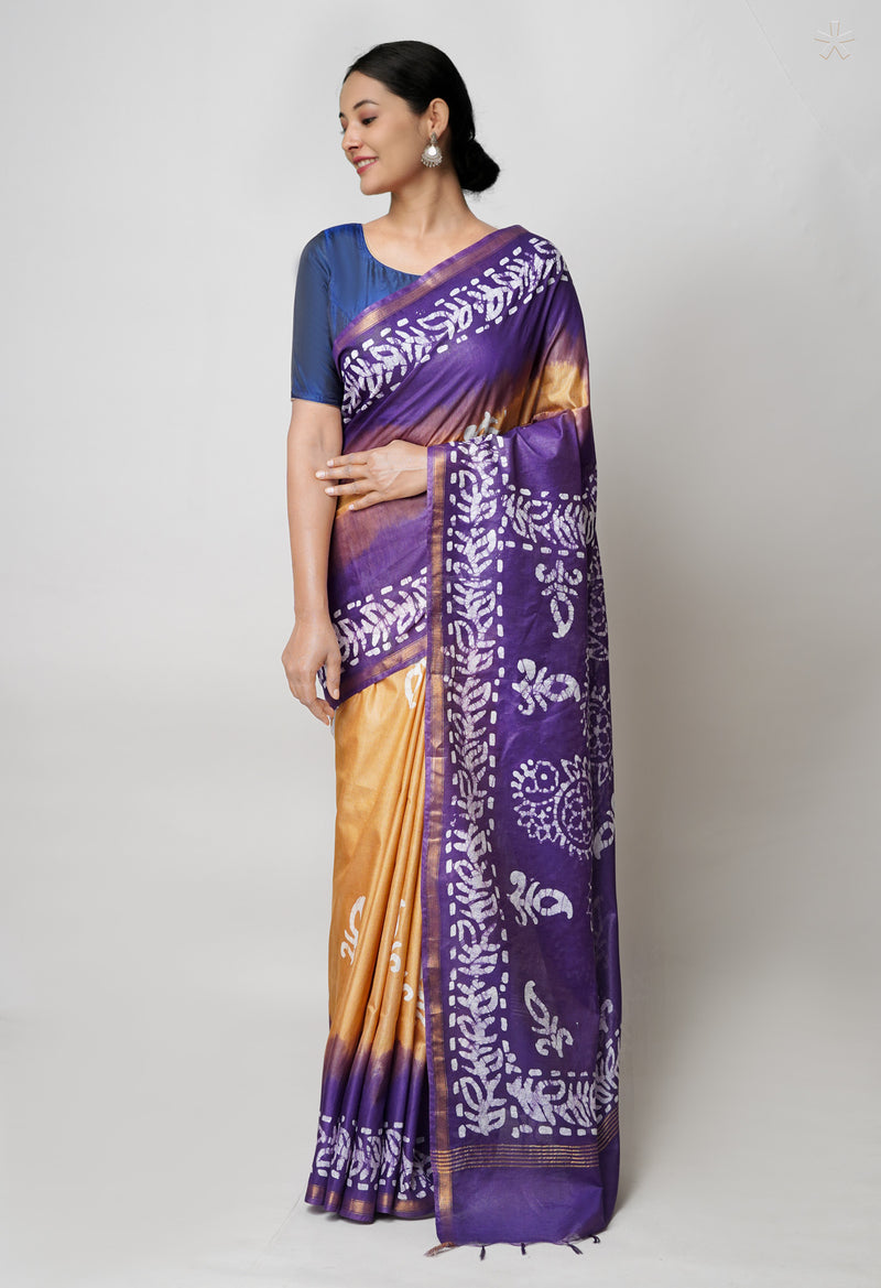 Brown-Dark Blue Pure  Batik Printed Chanderi Sico Saree-UNM73583
