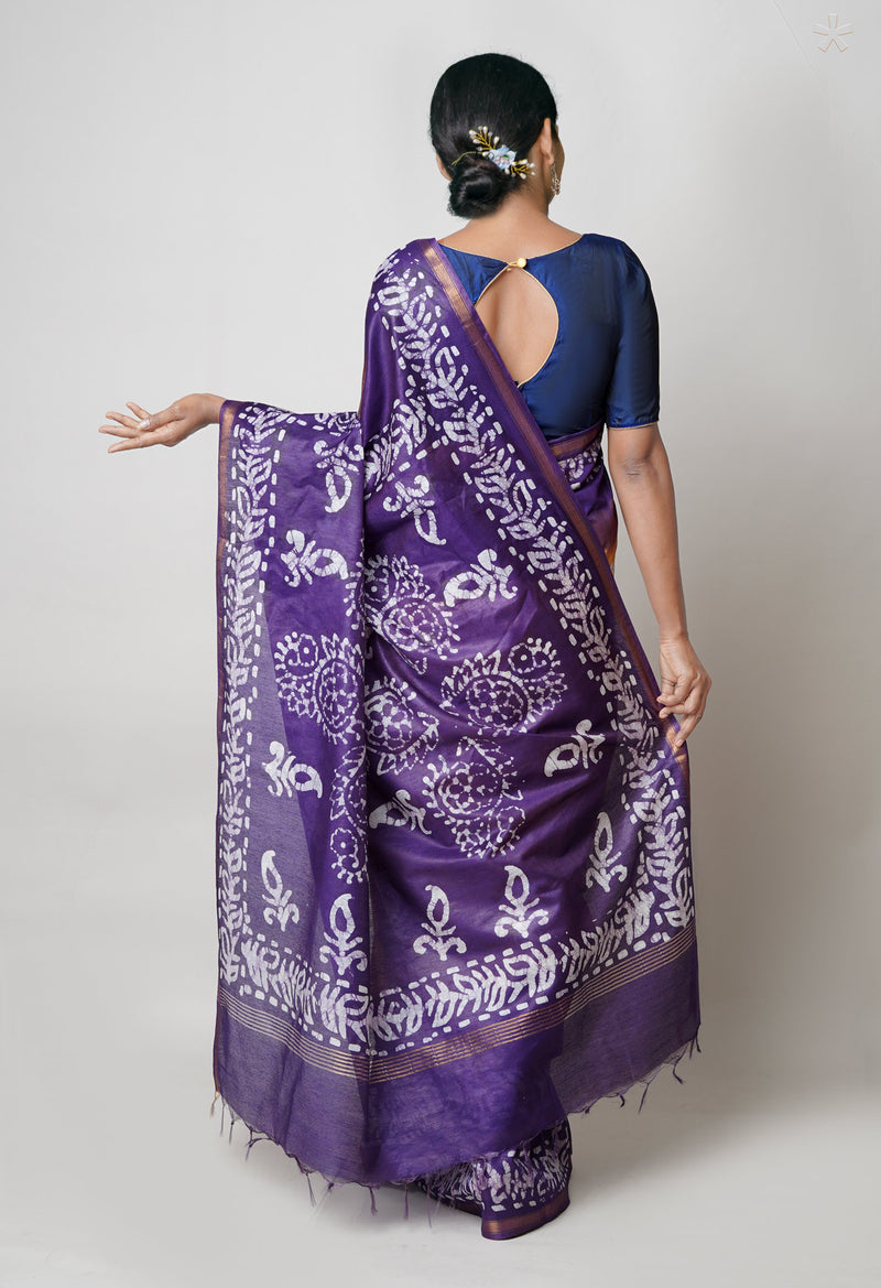 Brown-Dark Blue Pure  Batik Printed Chanderi Sico Saree-UNM73583