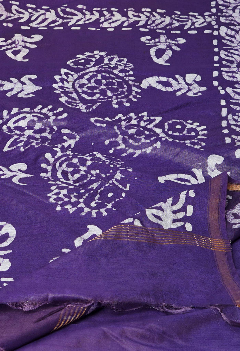 Brown-Dark Blue Pure  Batik Printed Chanderi Sico Saree-UNM73583