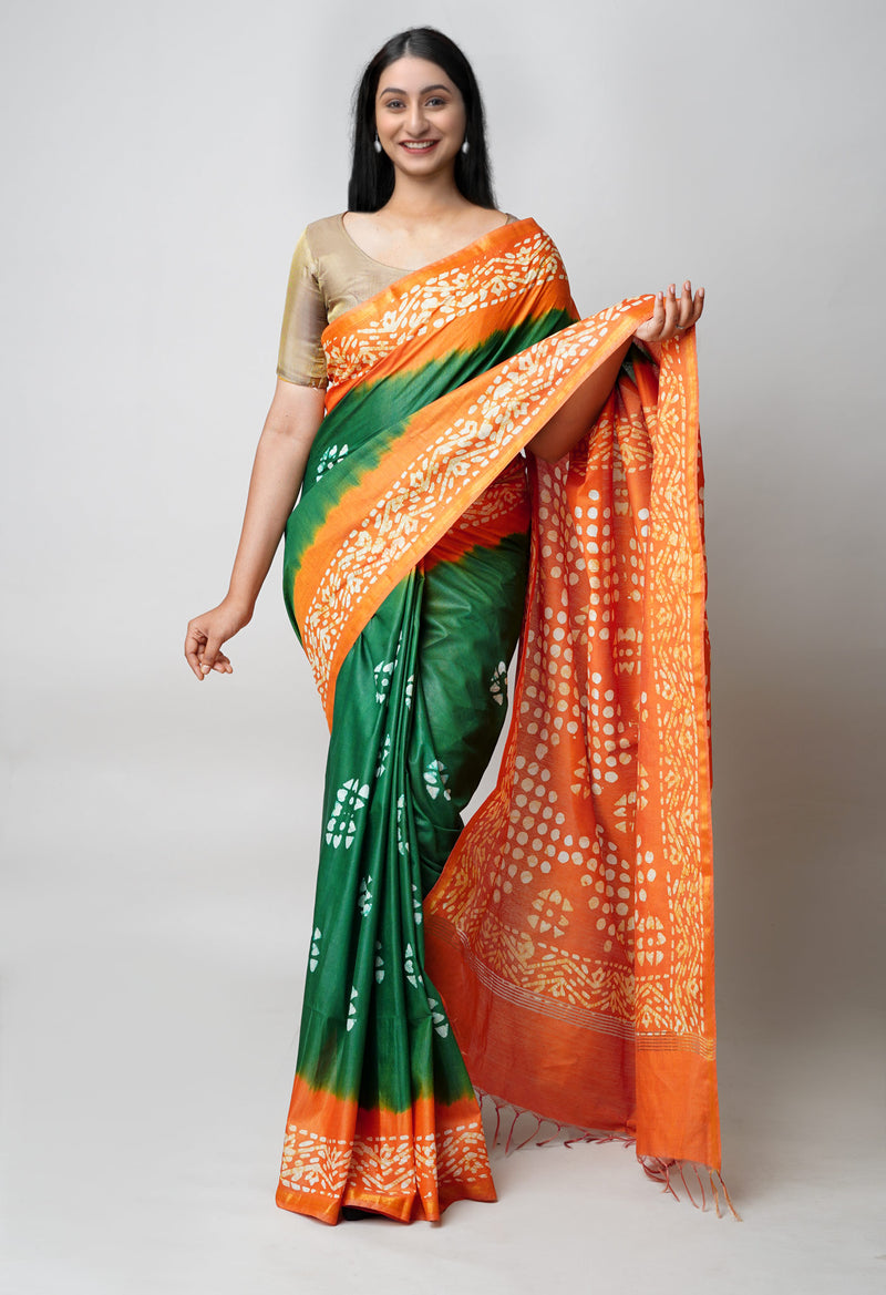 Green-Yellow Pure  Batik Printed Chanderi Sico Saree-UNM73585