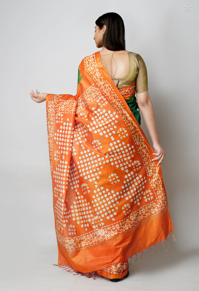 Green-Yellow Pure  Batik Printed Chanderi Sico Saree-UNM73585