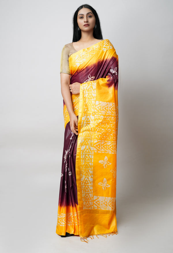 Brown-Yellow Pure  Batik Printed Chanderi Sico Saree-UNM73587