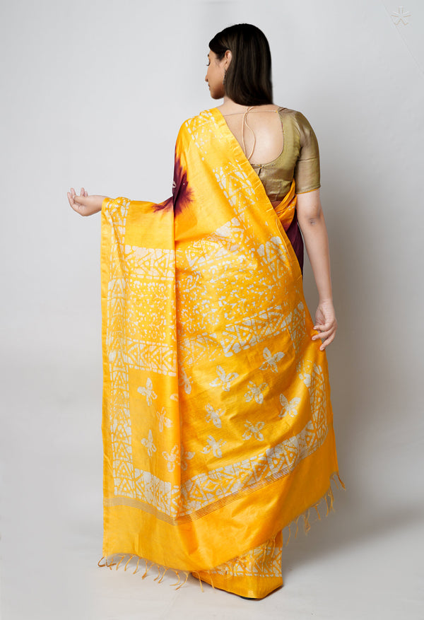 Brown-Yellow Pure  Batik Printed Chanderi Sico Saree-UNM73587