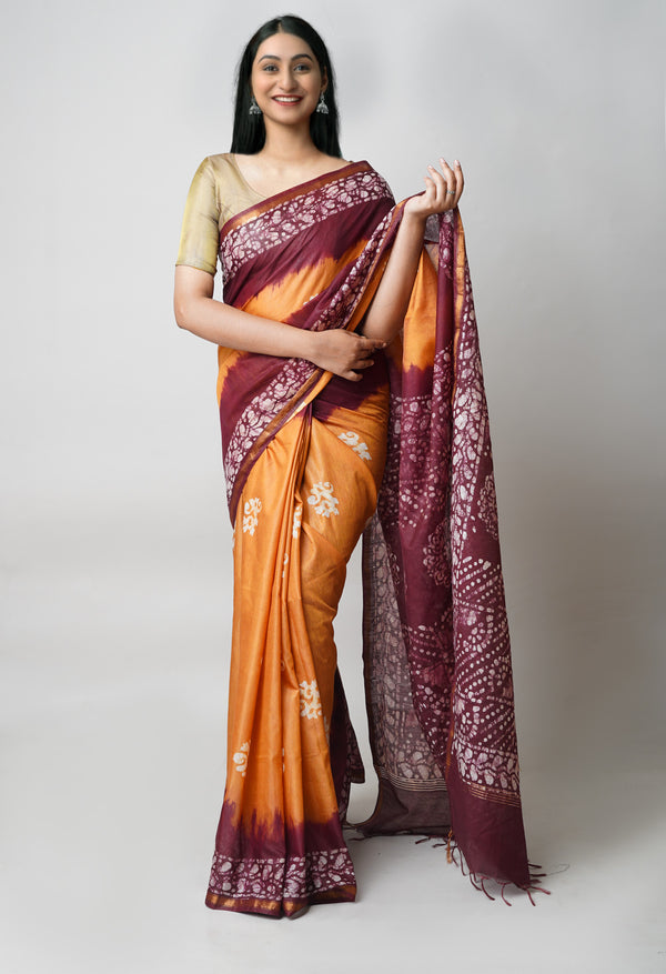 Brown-Maroon Pure  Batik Printed Chanderi Sico Saree-UNM73588