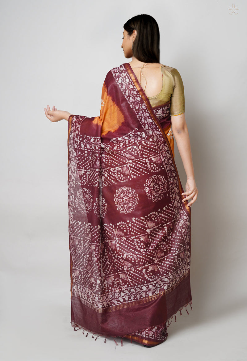 Brown-Maroon Pure  Batik Printed Chanderi Sico Saree-UNM73588