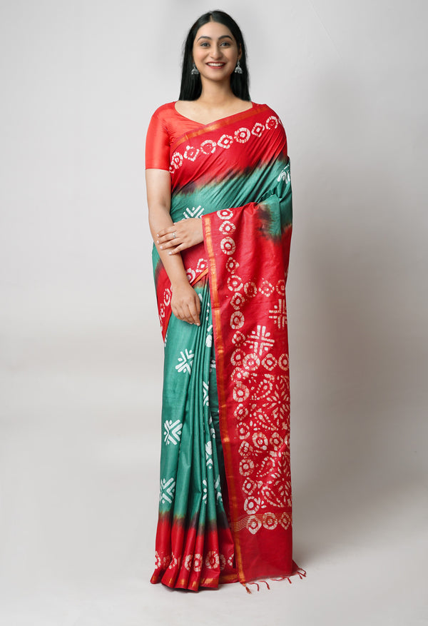 Green-Red Pure  Batik Printed Chanderi Sico Saree-UNM73590