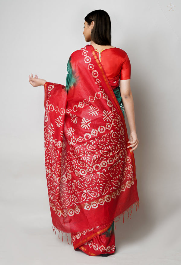 Green-Red Pure  Batik Printed Chanderi Sico Saree-UNM73590