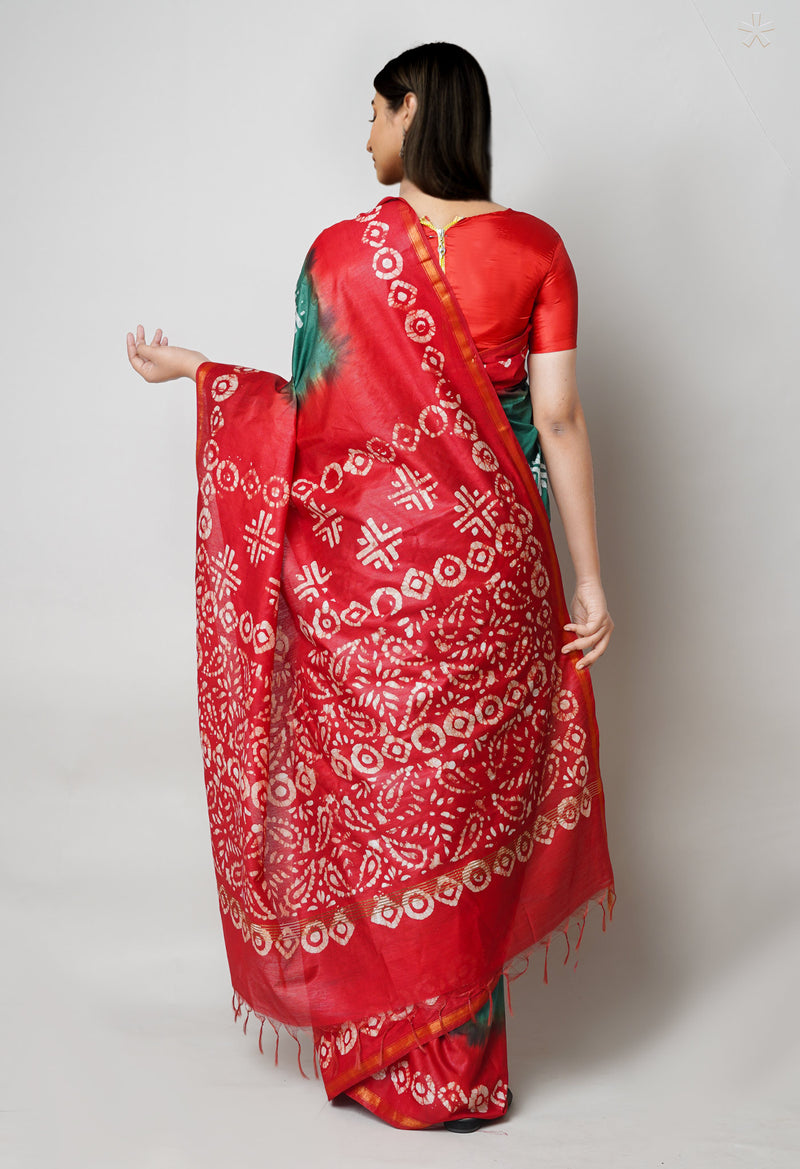 Green-Red Pure  Batik Printed Chanderi Sico Saree-UNM73590