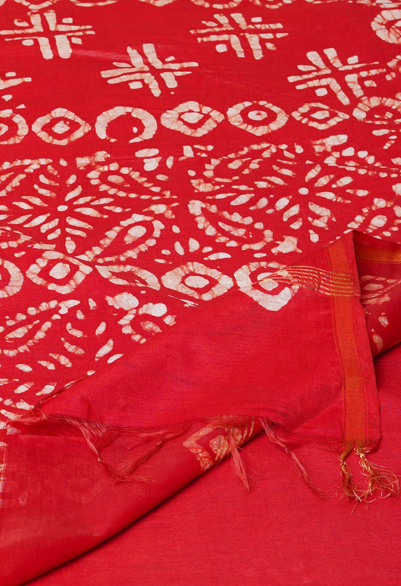 Green-Red Pure  Batik Printed Chanderi Sico Saree-UNM73590