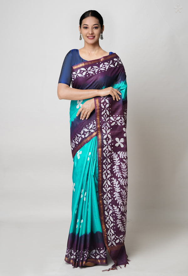 Green-Dark Purple  Pure  Batik Printed Chanderi Sico Saree-UNM73591