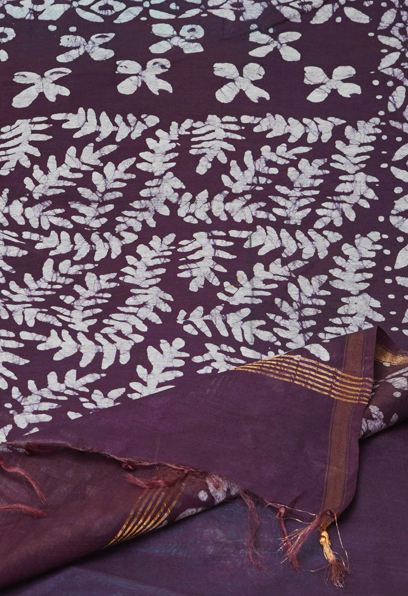 Green-Dark Purple  Pure  Batik Printed Chanderi Sico Saree-UNM73591