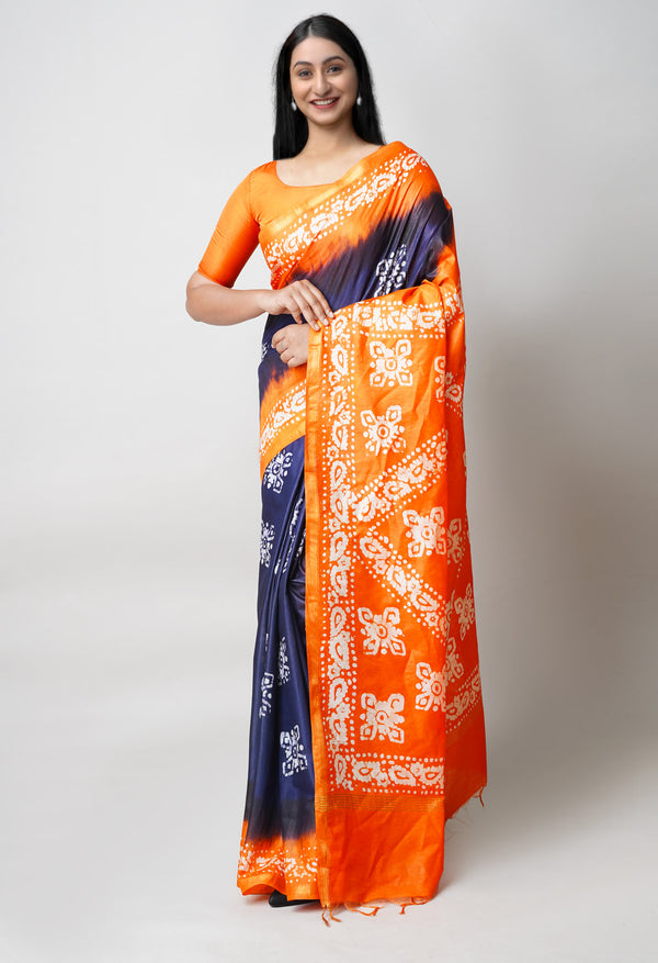 Dark Blue-Orange Pure  Batik Printed Chanderi Sico Saree-UNM73594