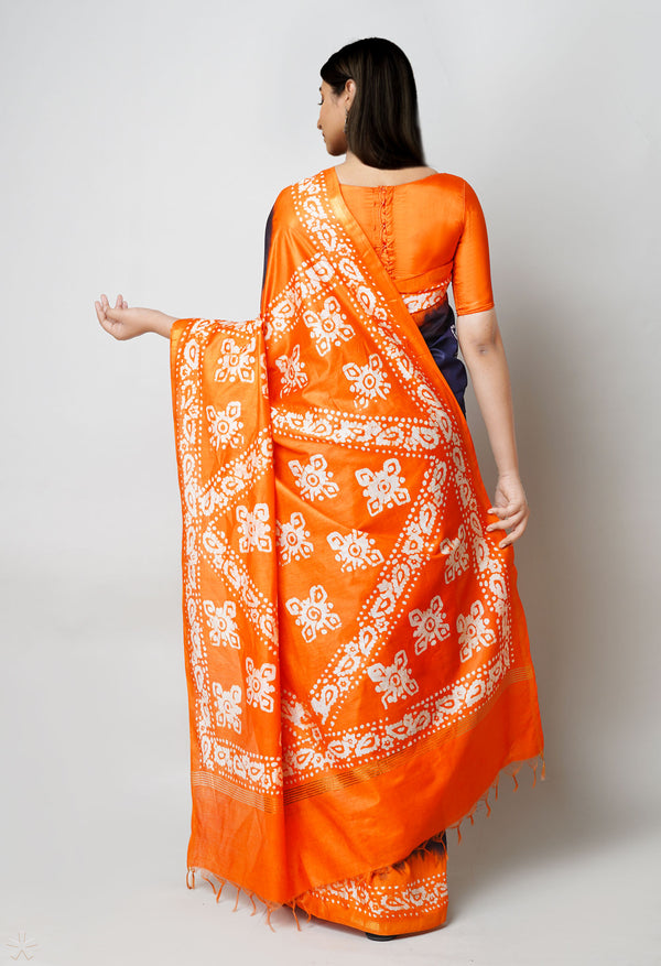 Dark Blue-Orange Pure  Batik Printed Chanderi Sico Saree-UNM73594