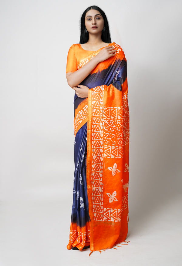 Dark Blue-Orange Pure  Batik Printed Chanderi Sico Saree-UNM73595