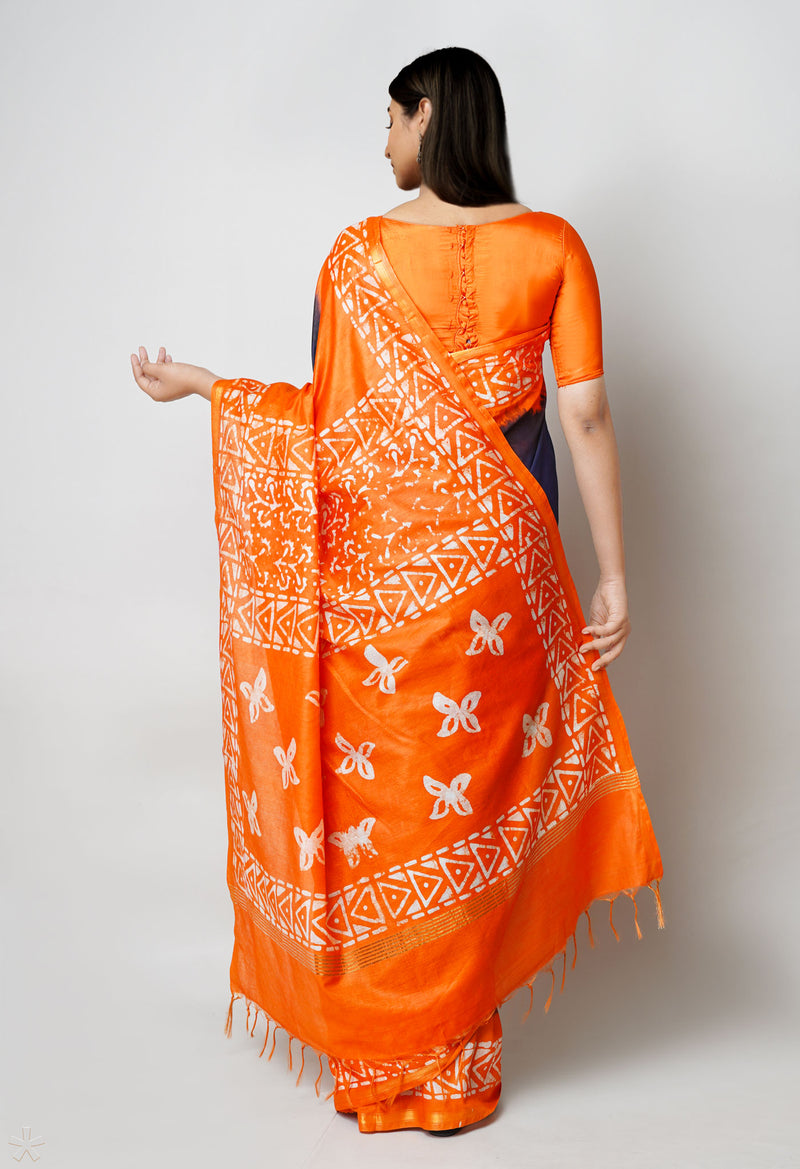 Dark Blue-Orange Pure  Batik Printed Chanderi Sico Saree-UNM73595