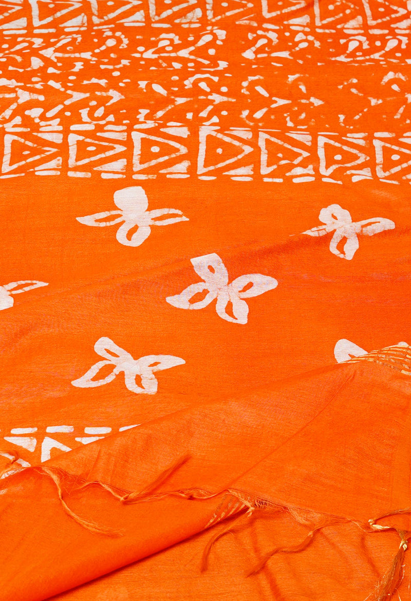 Dark Blue-Orange Pure  Batik Printed Chanderi Sico Saree-UNM73595