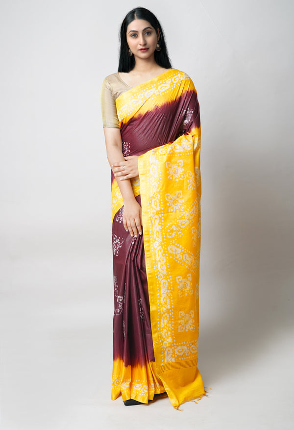 Brown-Yellow Pure  Batik Printed Chanderi Sico Saree-UNM73598