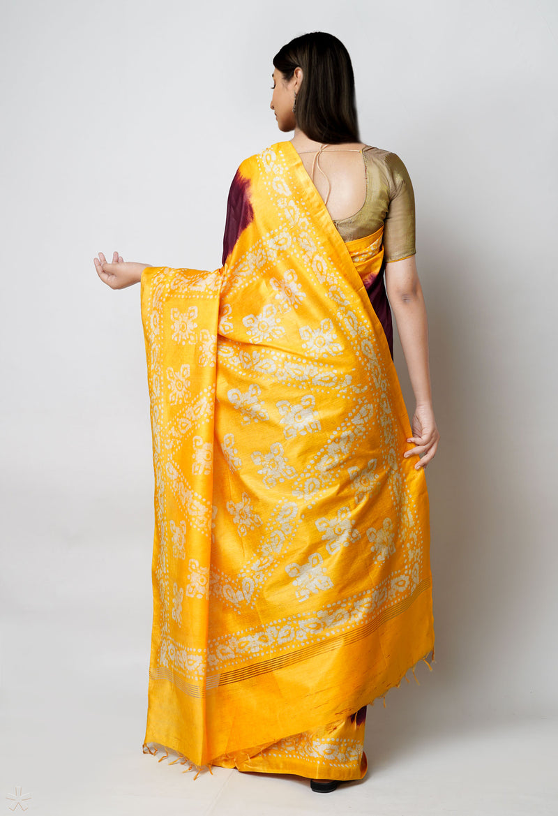 Brown-Yellow Pure  Batik Printed Chanderi Sico Saree-UNM73598