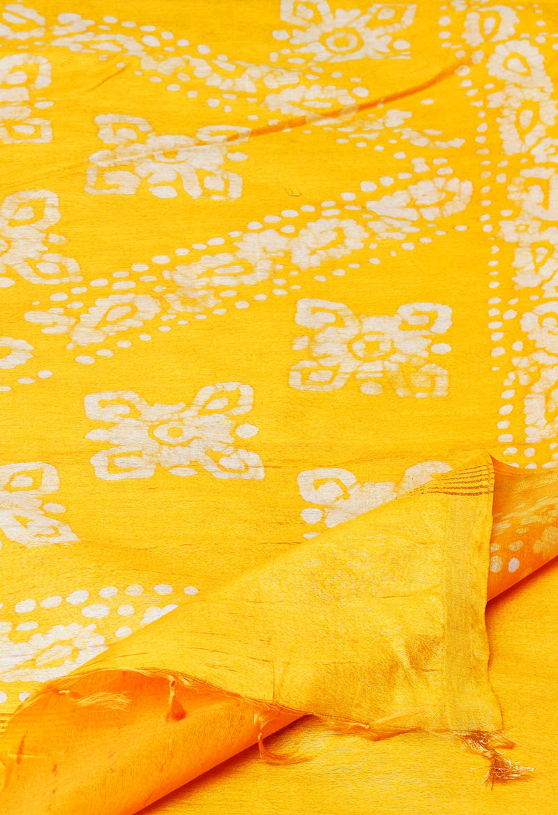 Brown-Yellow Pure  Batik Printed Chanderi Sico Saree-UNM73598