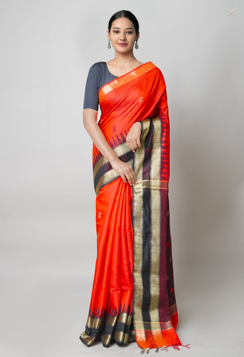 Orange-Brown Pure  Dupion Silk Saree-UNM73600