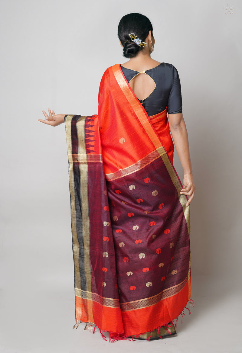 Orange-Brown Pure  Dupion Silk Saree-UNM73600