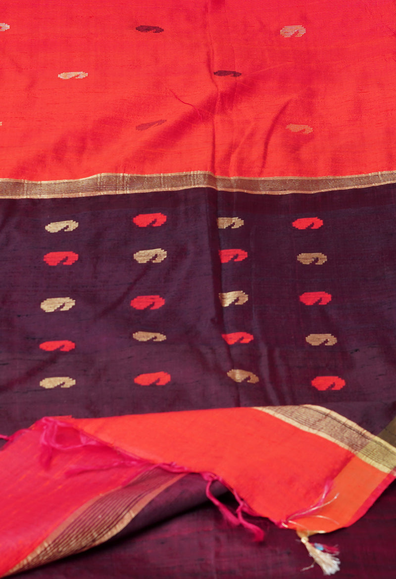 Orange-Brown Pure  Dupion Silk Saree-UNM73600