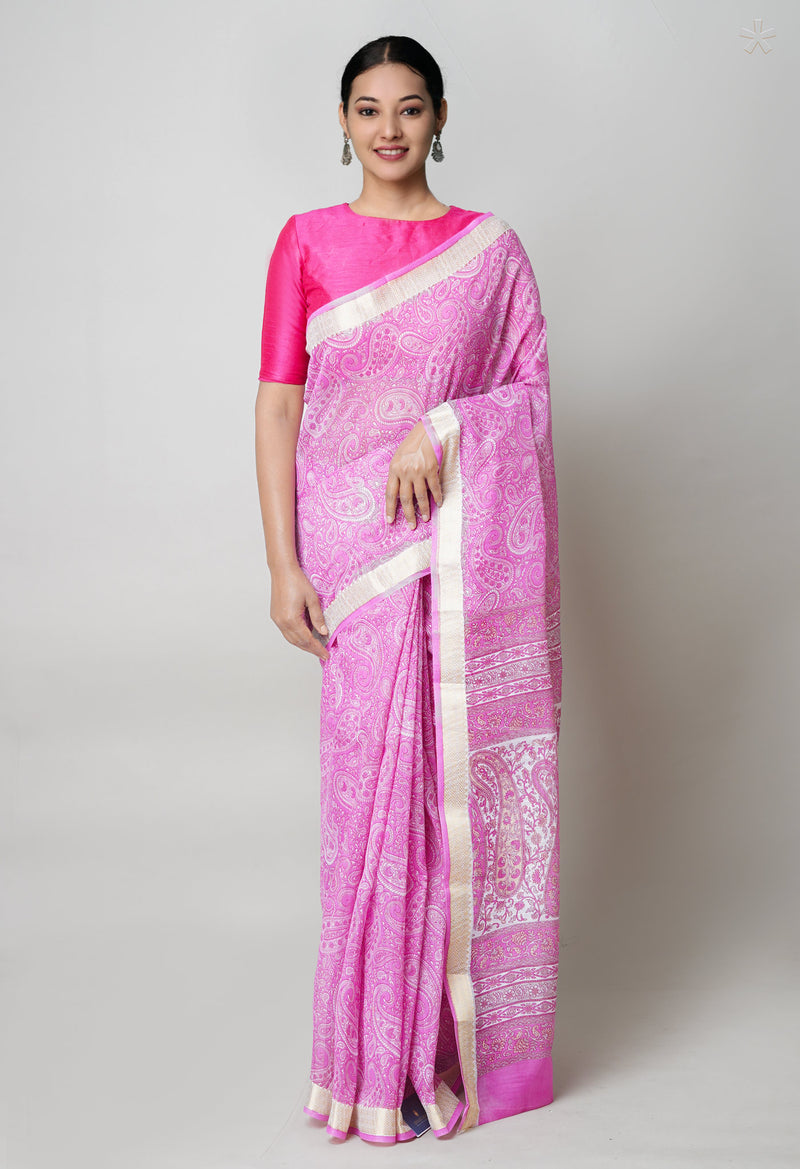 Pink  Screen Printed Chanderi Sico Saree-UNM73602