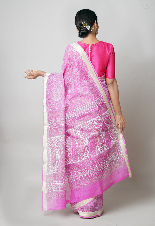 Pink  Screen Printed Chanderi Sico Saree-UNM73602