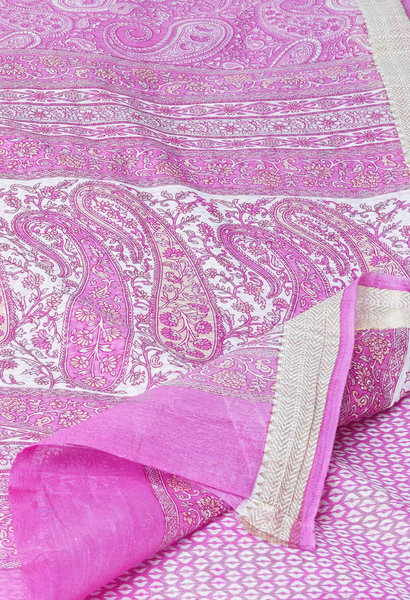 Pink  Screen Printed Chanderi Sico Saree-UNM73602