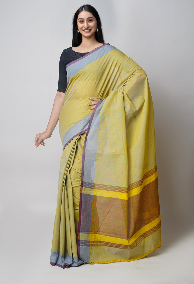 Yellow-Grey Pure  Double Shade Plain  Mangalagiri Cotton Saree-UNM73610