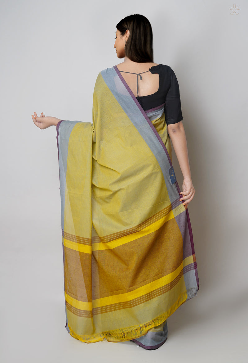 Yellow-Grey Pure  Double Shade Plain  Mangalagiri Cotton Saree-UNM73610