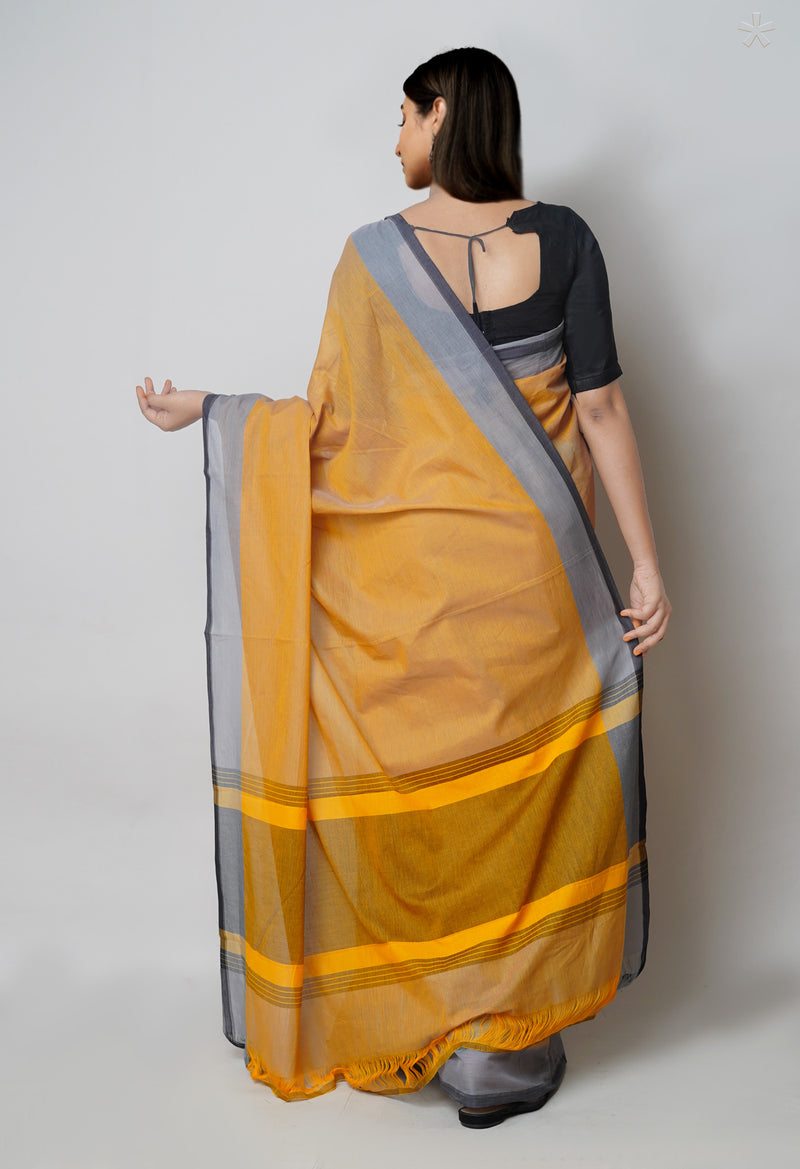 Orange-Grey Pure  Double Shade Plain  Mangalagiri Cotton Saree-UNM73612