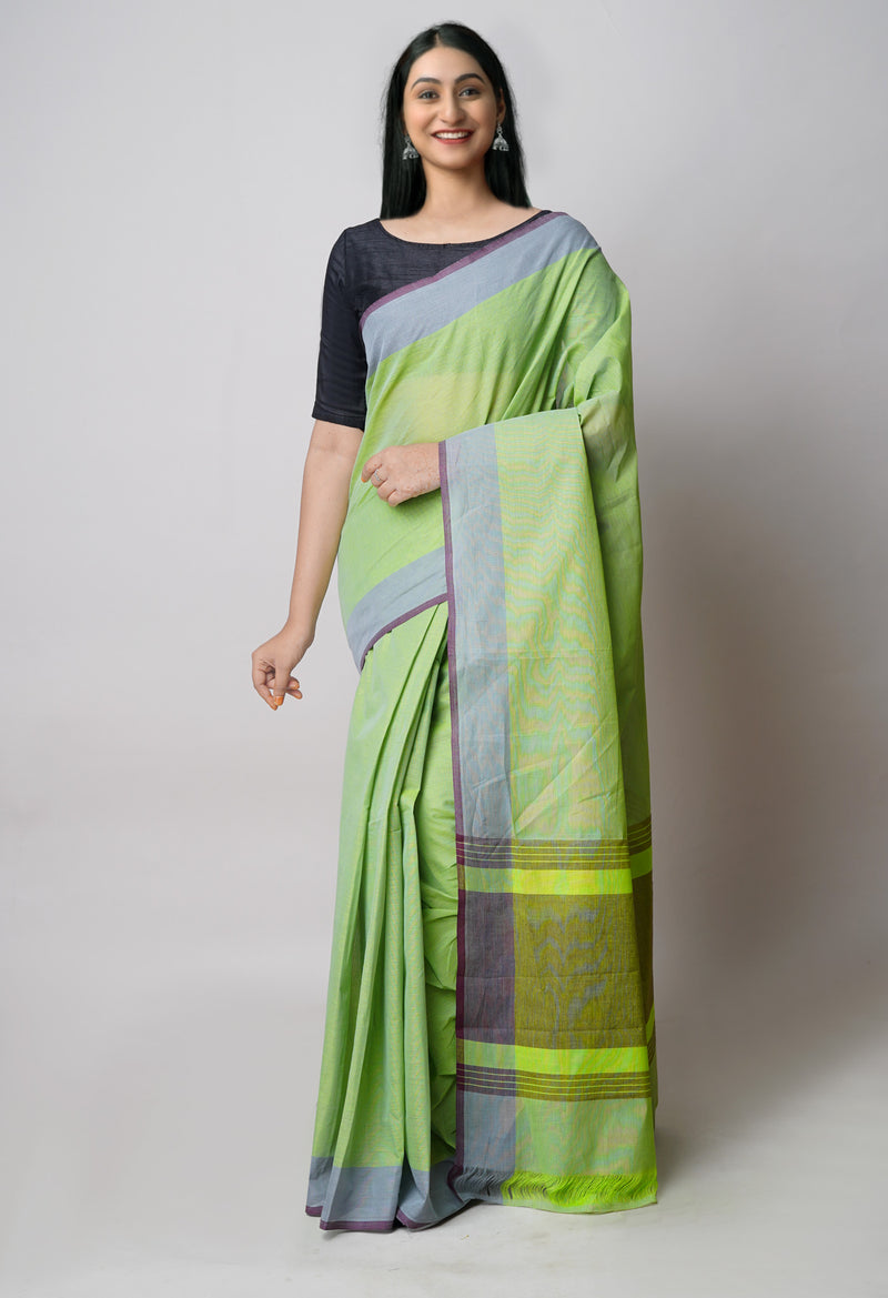 Parrot Green-Blue Pure  Double Shade Plain  Mangalagiri Cotton Saree-UNM73614