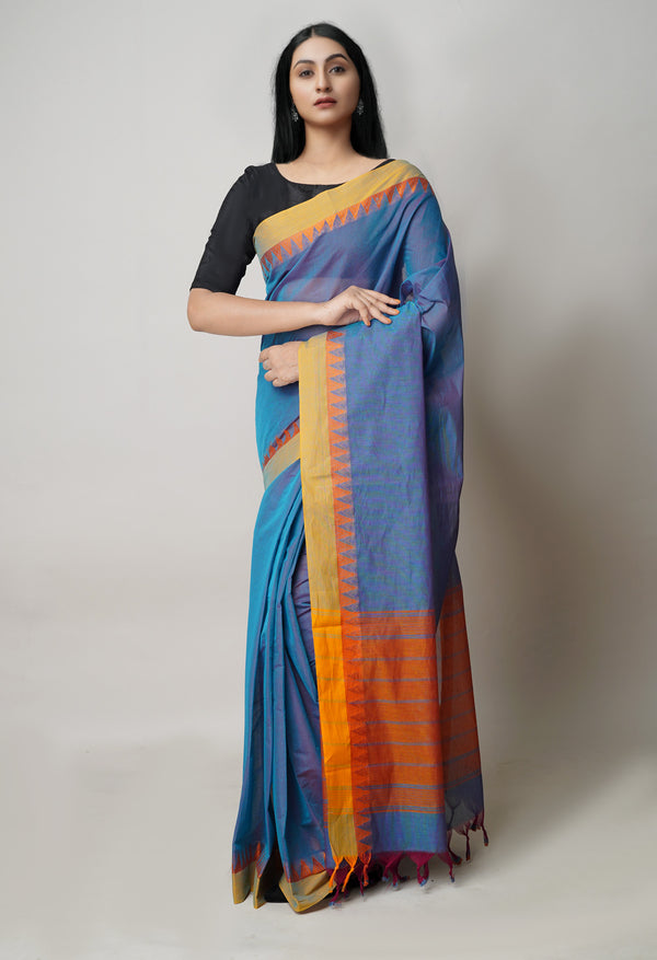 Blue-Red  Double shade Plain Chettinad Cotton Saree-UNM73620