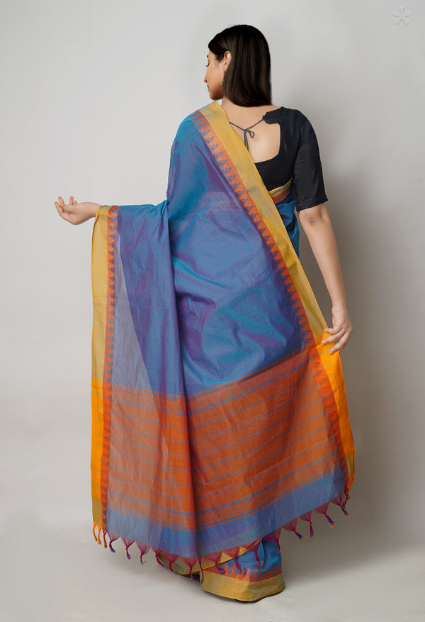Blue-Red  Double shade Plain Chettinad Cotton Saree-UNM73620
