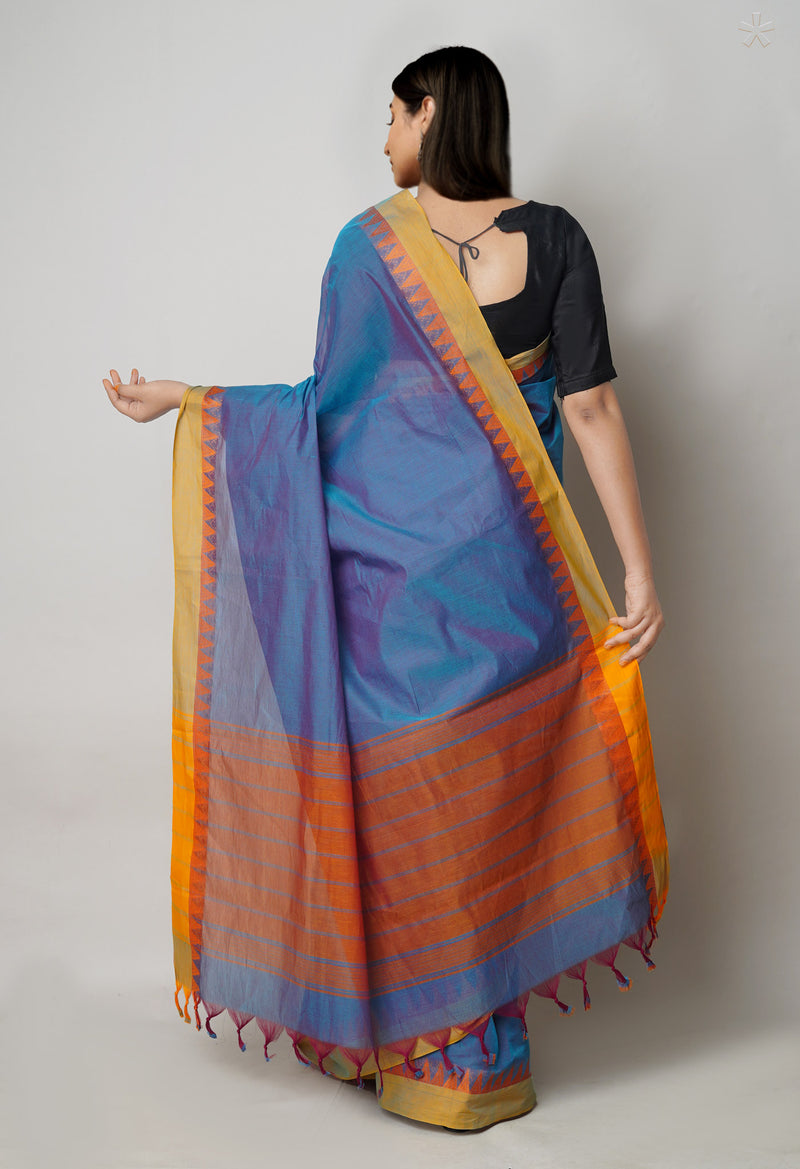 Blue-Red  Double shade Plain Chettinad Cotton Saree-UNM73620