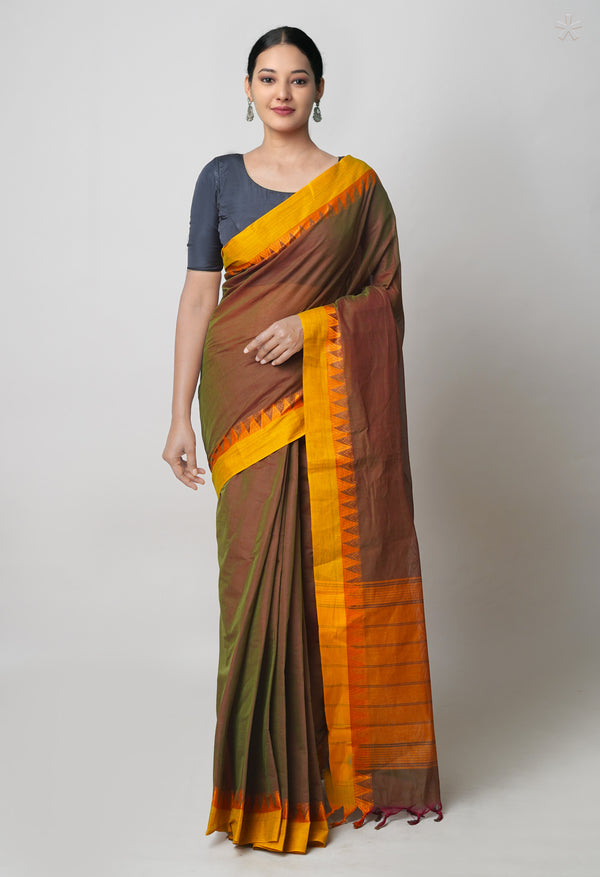 Green-Red  Double shade Plain Chettinad Cotton Saree-UNM73622