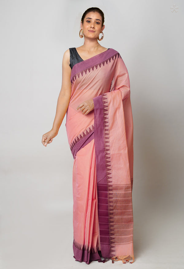 Peach Orange  Plain Chettinad Cotton Saree-UNM73623