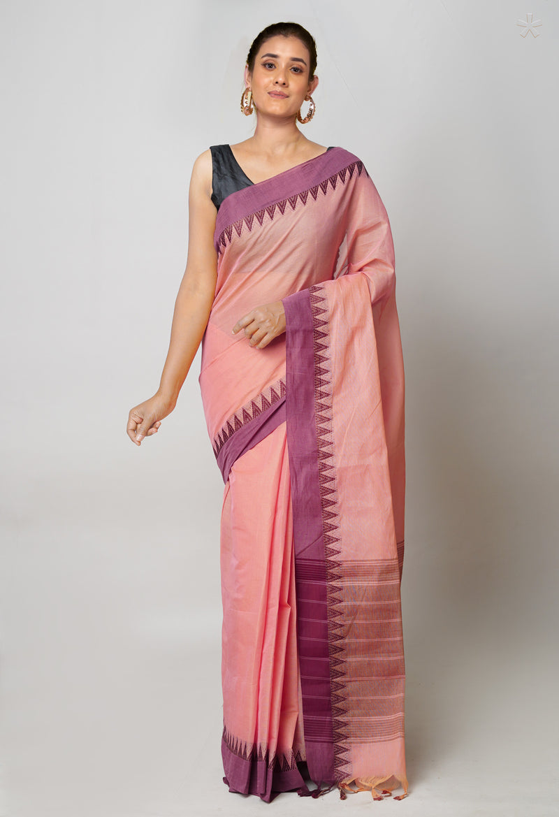 Peach Orange  Plain Chettinad Cotton Saree-UNM73623