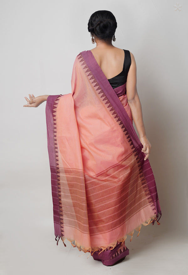 Peach Orange  Plain Chettinad Cotton Saree-UNM73623