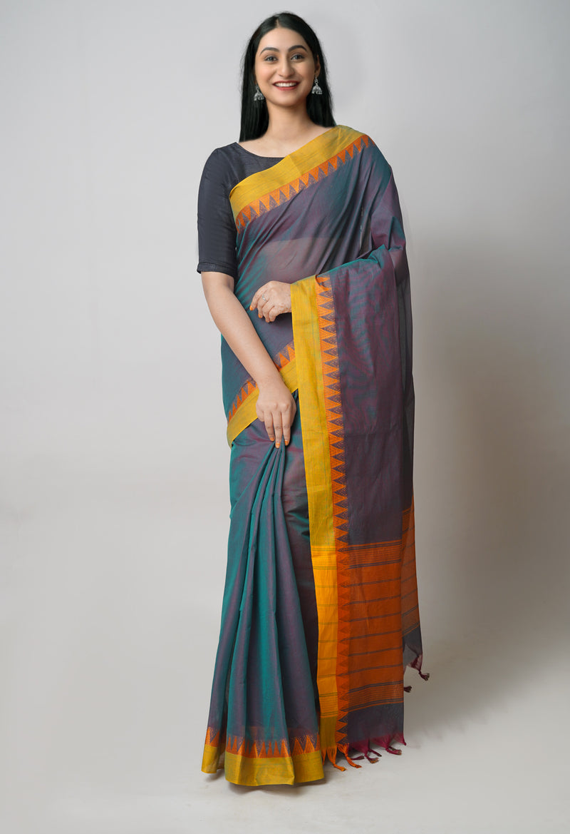 Green-Red  Double shade Plain Chettinad Cotton Saree-UNM73627