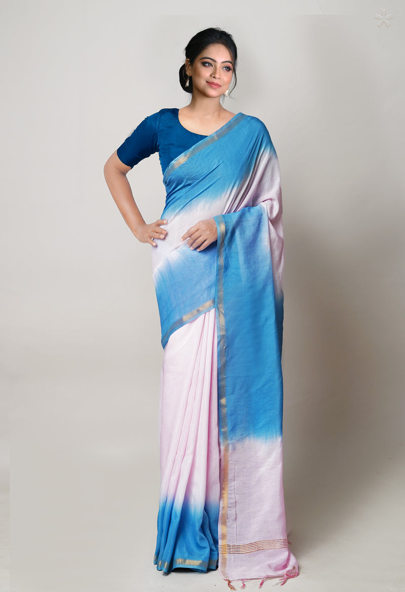 Pink-Blue  Plain Chanderi Sico Saree-UNM73654